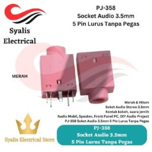 PJ-358 Socket Audio 3.5mm 5 Pin Lurus Tanpa Pegas – Varian Merah & Hitam – Untuk Audio Mobil, Speaker, Front Panel PC [Syalis]